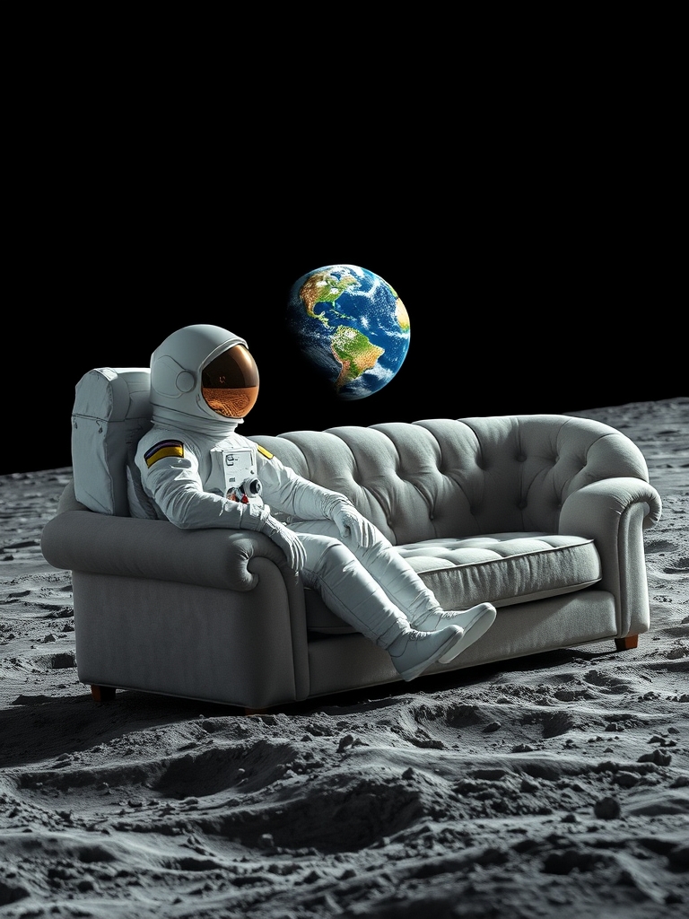 فضا نوردی روی مبل بر روی سطح کره ماه نشسته و کره زمین نگاه میکند10