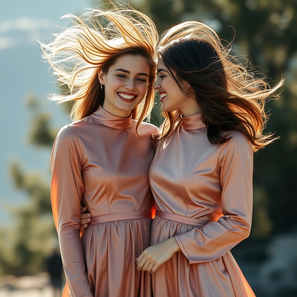 دو دختر جوان که یکدیگر را در اغوش گرفته اند و میخندند، موهای انها در باد میرقصد و لباس های زیبای حریر به تن دارند8