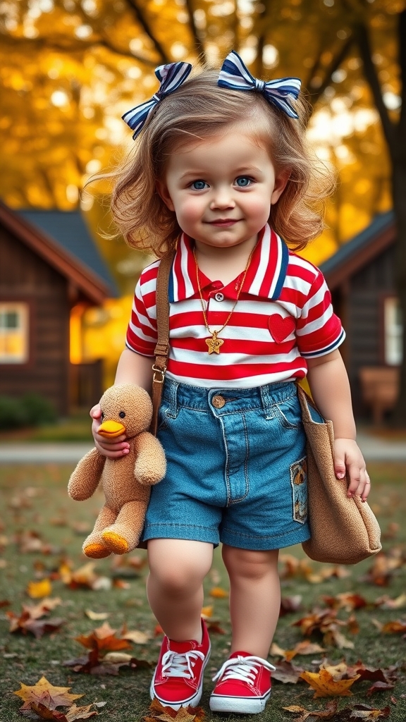 دختربچه آمریکایی ۳ ساله با موهای بلوندِ موجدار و روبان آبی-سفید. چشمان آبی درخشان، گونههای گلانداده، پوست روشن با ککومک. لباس: پولوشرت راهراه قرمز-سفید، شلوارک جین آبی با وصلهی قلب، کفش کتانی قرمز. گردنبند طلایی با آویز ستاره، کیف پارچهای شکل اردک. در حال بازی در پارک با پسزمینهی خانههای چوبی و درختان افرا. عروسک خرسی در دست، نیشخند شیطنتآمیز به دوربین. نور طلایی غروب، جزئیات واقعی از بافت جین تا برگهای پاییزی روی زمین15