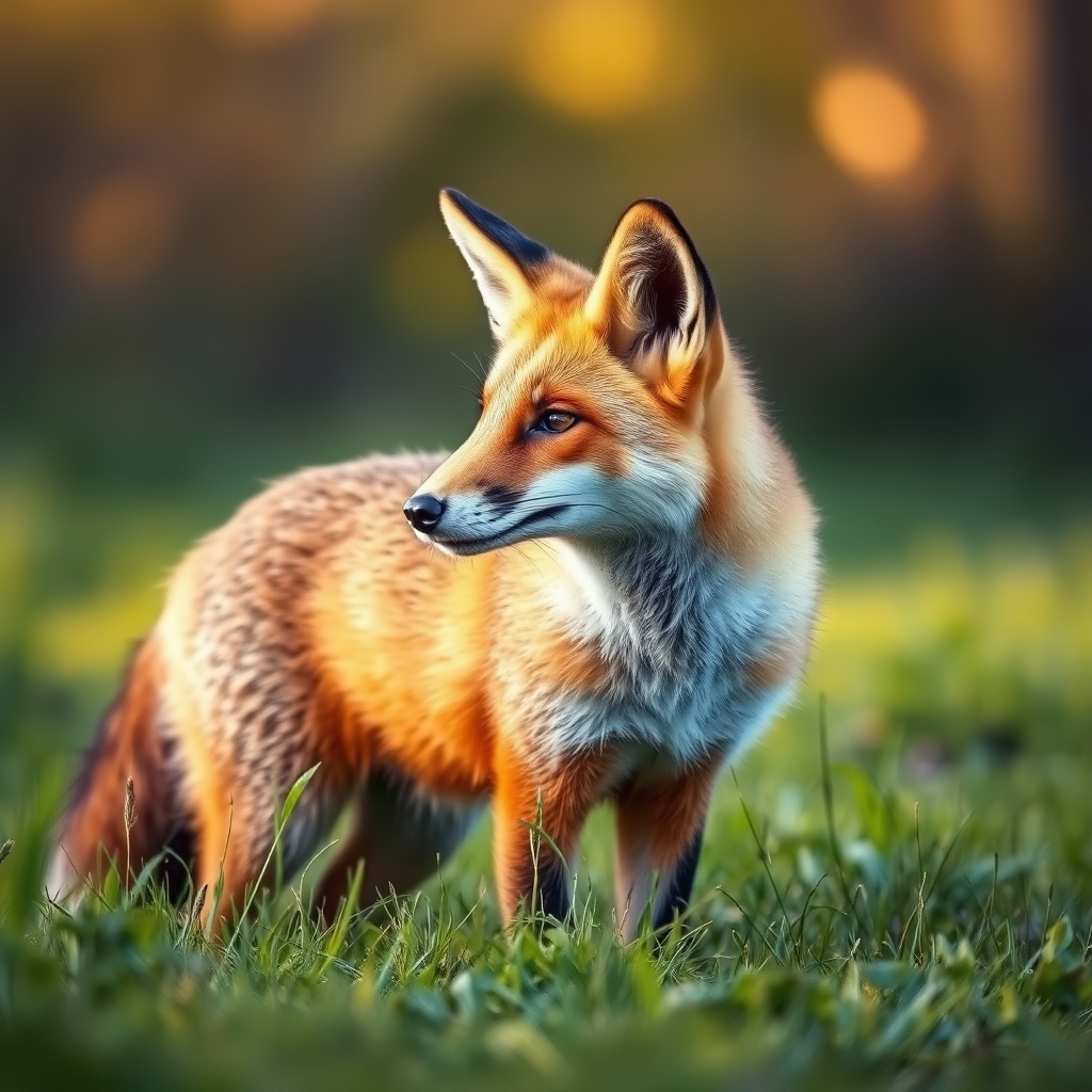 The image shows a fox with a reddish-brown fur, standing in a grassy area with its ears perked up, looking to the side. The background is blurred, emphasizing the fox as the main subject.20