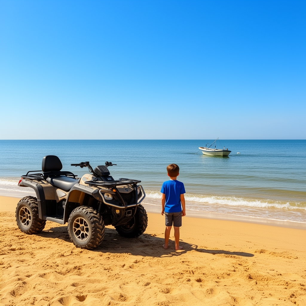 پسری‌ در ساحل کنارش یک موتور چهارچرخ روبرو اش  دریا دریا قایق

15