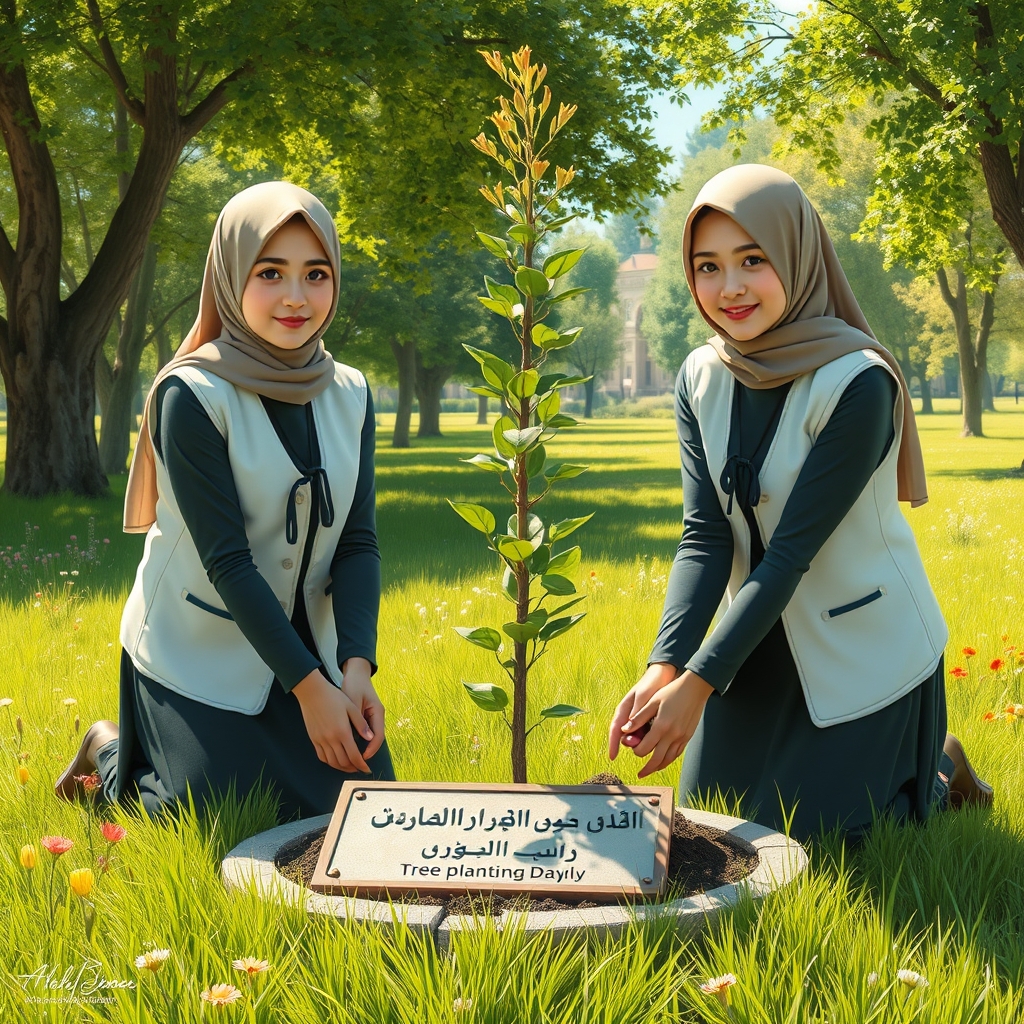 موضوع: دو نفر (شما و دوستتان) دختر در حال کاشتن درخت در یک منظره سرسبز.

هوا: روشن و آفتابی.

لباس‌ها: لباس طوسی، مقنعه سفید با کراوات.

پس‌زمینه: یک تابلو با نوشته بزرگ «روز درختکاری».

سبک: واقع‌گرایانه و طبیعی، رنگ‌ها شاد و زنده.

زاویه دید: نیم‌رخ یا سه‌چهارم، تا هم فعالیت کاشتن درخت و هم تابلو مشخص باشد.

جزئیات اضافی: سبزه‌ها، گل‌ها و درختان دیگر در پس‌زمینه، نور آفتاب نرم که سایه‌ها را ملایم کند.

با لباس مدرسه ایرانی مقنعه سفید لباس طوسی نوشته روز درختکاری فارسی0