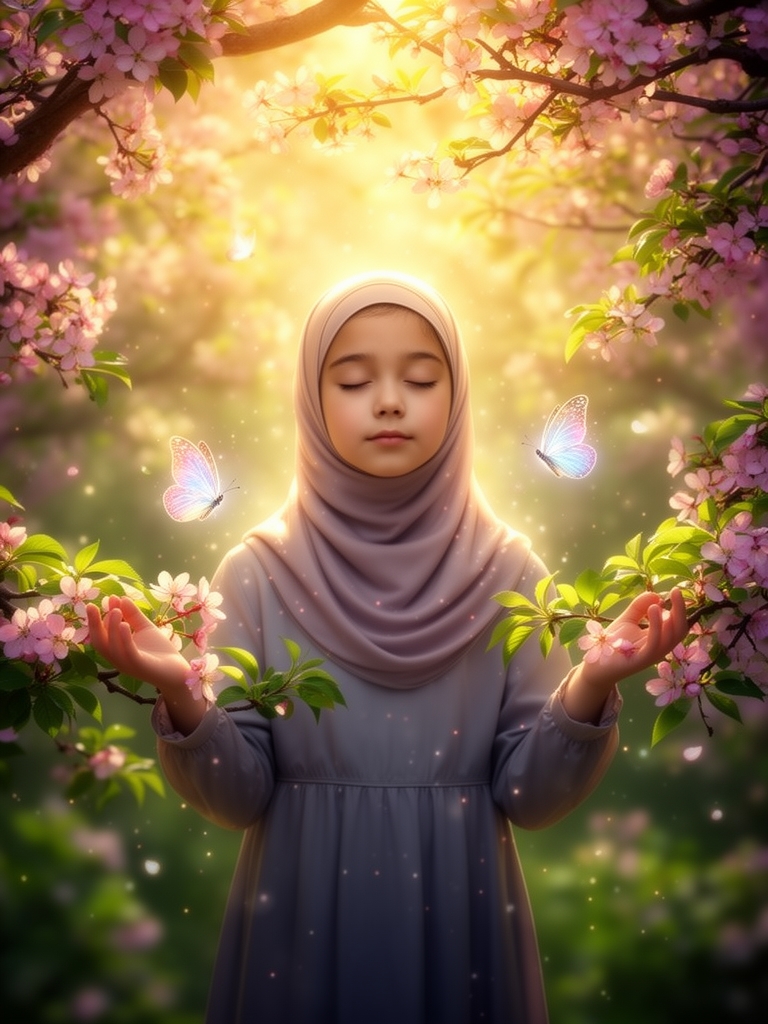 دختری محجبه در بال درختان شکوفه بهاری، ایستاده، چشمانش را بسته و ذارد به نیروی ماورای درون خود می اندیشد. 🦋✨🌿🌸3