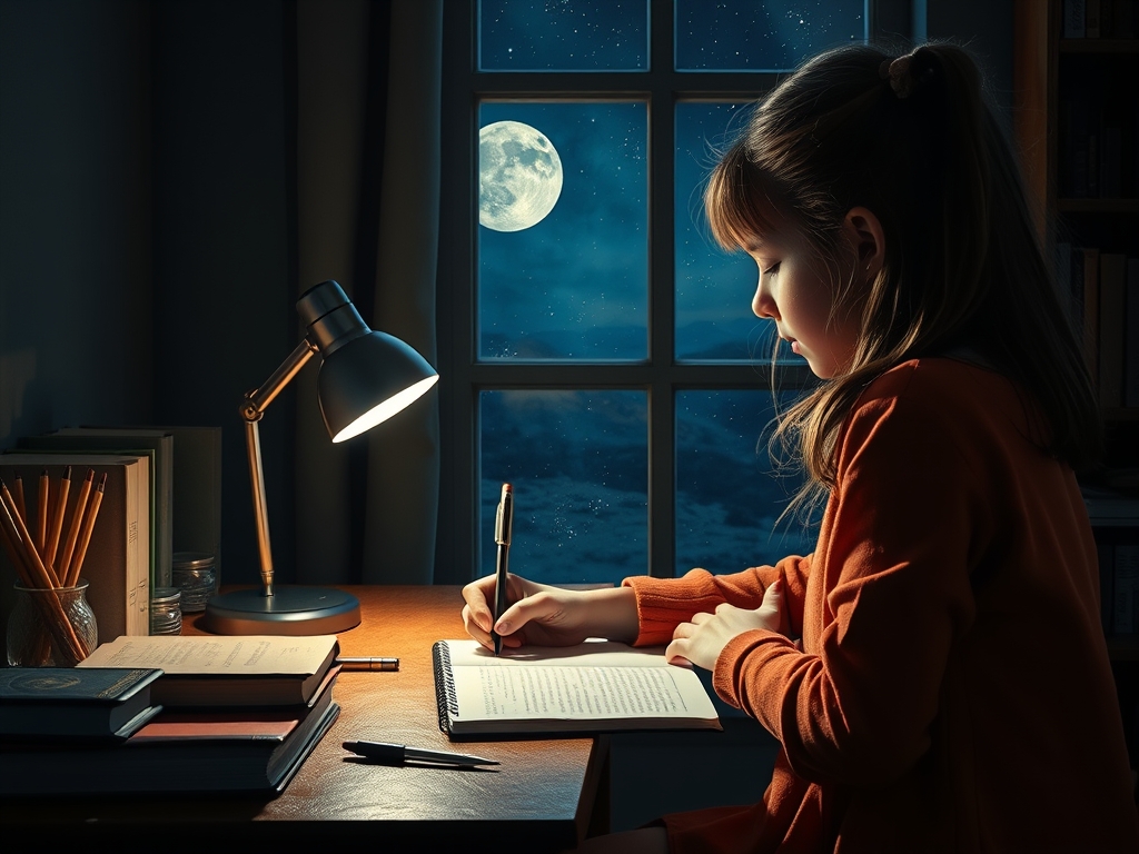 یک دختر که در اتاق درس میخواند با لوازم تحریر و کتاب هایی که روی میز هست با چراغ مطالعه کنار پنجره که کتابی روی میز دارد و دارد با مداد رویش چیزی مینویسد که از پنجره ماه و ستارگان نمایان است هم از نیم رخ دختر عکس گرفته باشد و فوق العاده زیبا خاص به سبک پست امپرسیونیسم 0