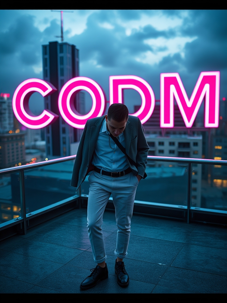 آدمی که خیلی لباس خفنی پوشیده که در بالای یک ساختمان لاکچری و در پشت آن متن CODM
7