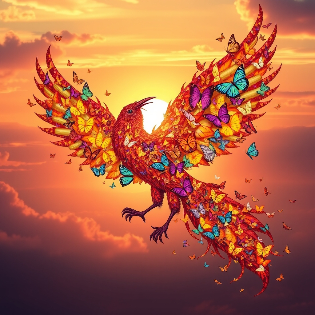 یک ققنوس ساخته‌شده از پروانه‌های رنگارنگ، در حال پرواز در برابر آسمان غروب.19