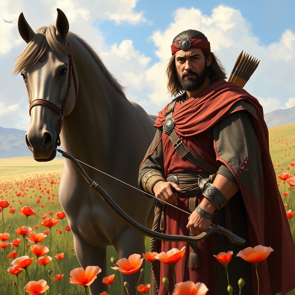 آرش کمانگیر پهلوان شاهنامه با موهای متوسط و تیر و کمان در دست در کنار سیاووش شاهزاده ی ایران زمین در کنار اسبش در دشتی زیبا و پر از گل شقایق و تصویر اسطوره ای و با شکوه باشد 15