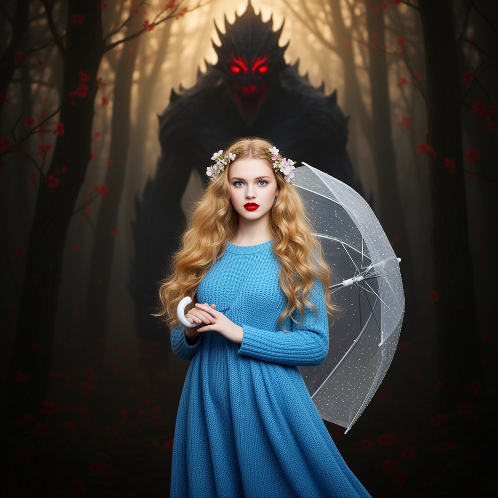 زیباترین زن جوان در جهان حتی در رویایی که شکوه خدا را داشته باشد که نظیر آن در دنیا نباشد و همه به او از شدت زیبایی به او سجده کند که با موهای طلایی حالتدار بلند و با چشمان آبی کریستالی و با لبانی سرخ به رنگ یاقوت و با پوستی سفید به رنگ برف که با لباس بافتنی آبی رنگ زیبایی باشد که لای موهایش شکوفه زیبایی باشد چتر شیشهای زیبایی در دستانش باشد و پشت سرش جنگلی تاریک و اسرارآمیز باشد با شکوفایی سرخ و پشت سرش هیولای ترسناکی باشد با چشمانی سرخ و سیاه و با قامتی بلند0