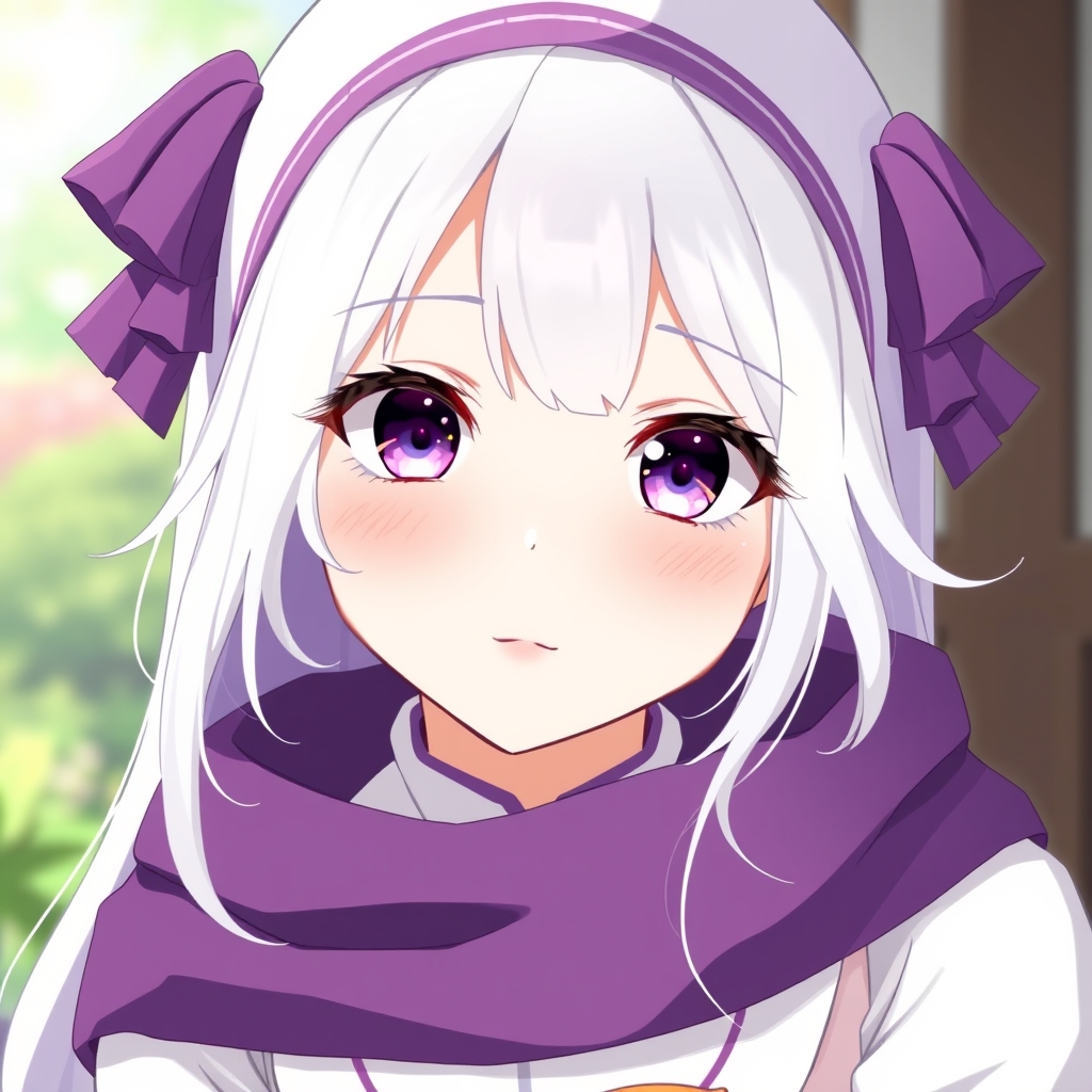 یک دختر کره ای خوشگل با چشم های بنفش و سفید موهای چتری سفید و بنفش و لباس سفید و بنفش21