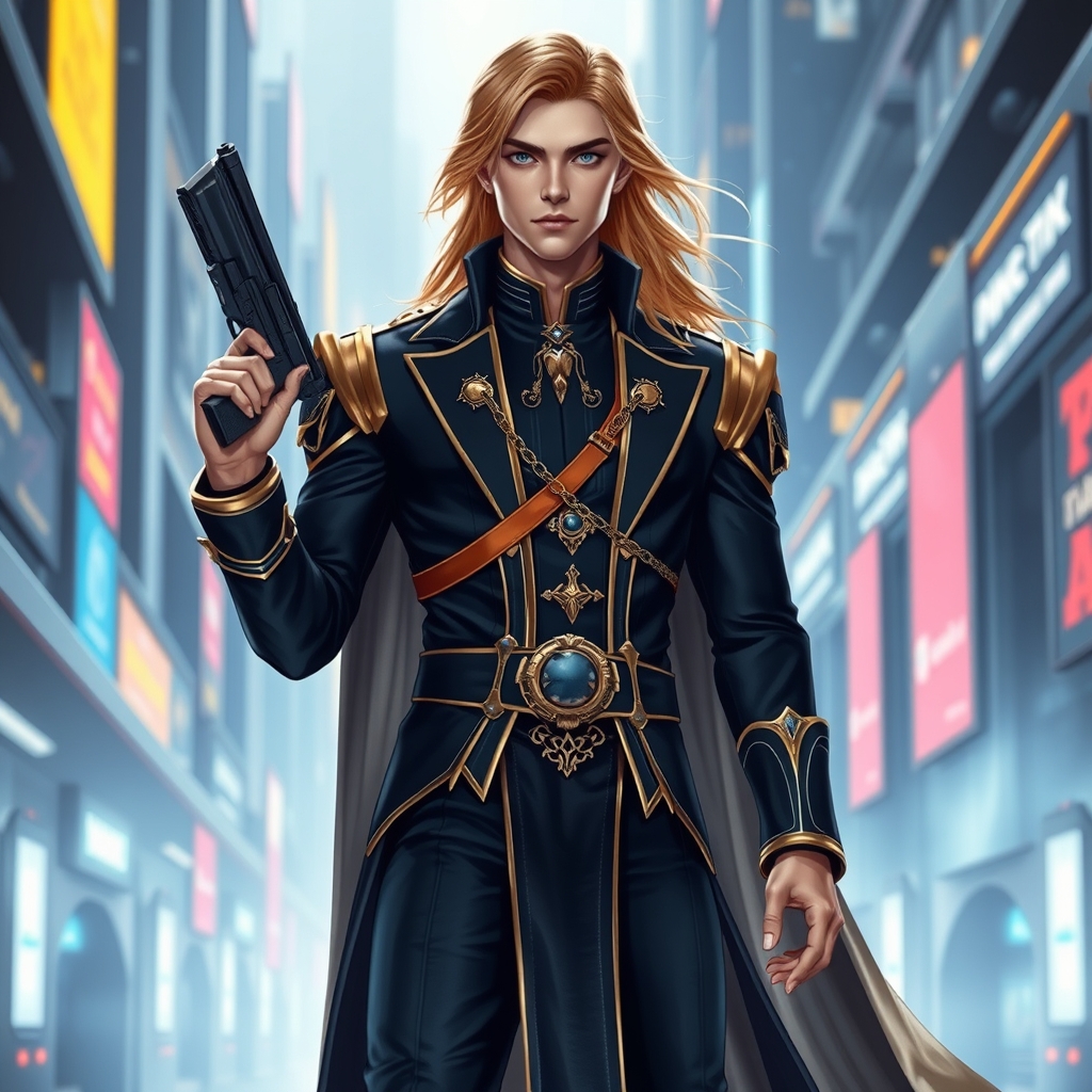 زیباترین مرد جوان در جهان حتی در رویایی که شکوه خدا را داشته باشد که نظیر آن در دنیا نباشد با لباس سلطنتی مشکی طلایی اکلیری برتن و چشم های ابی موهای طلایی براق بلند و صورت سفید که توفنگی در دستانش در شهر پیشرفته 4