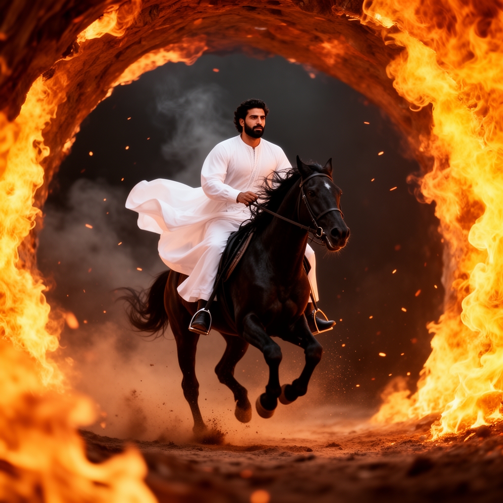 سیاوش ایرانی با لباسی سپید نشسته بر روی اسبی سیاه در حال عبور از آتش 0