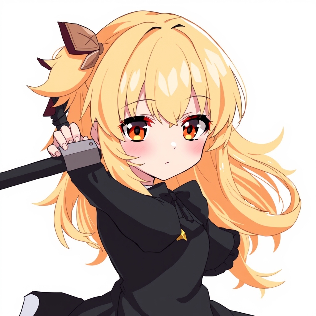 یک دختر با موهای طلای و چشمان نارنجی و یک لباس مشکی و یک شمشیر سیاه
12