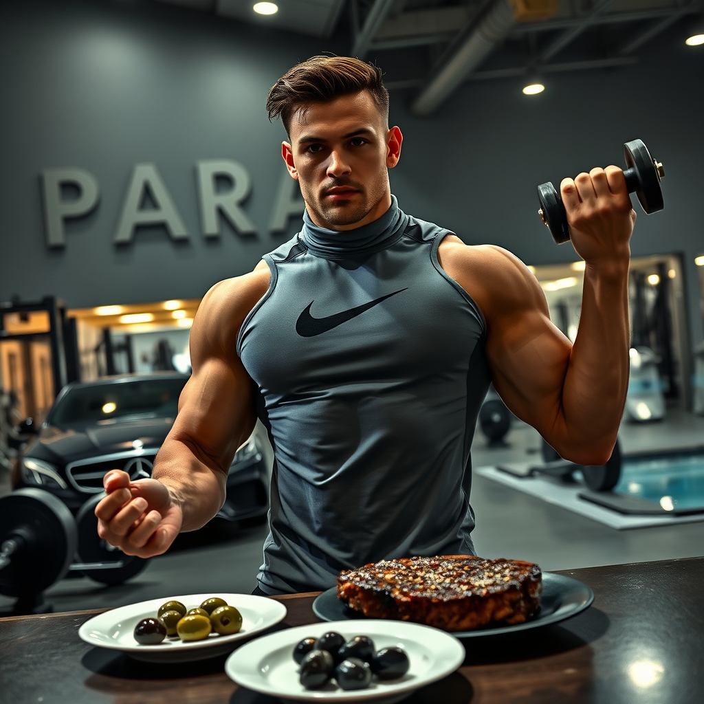 یه عکس می خوام از خودم بسازی. به پسر ۲۵ ساله خوشگل بدنساز. که داخل باشگاه هست و داره وزنه می زنه. بازو ها و دستاش هم بزرگ شده و سینش هم ورزیده هست. تیشرت ورزشی نایک تنشه. یه غذای استیک هم با زیتون رو میز هست. روی دیوار باشگاه با رنگ طوسی بزرگ نوشته PARSA. باشگاه بزرگ هست و کلی وزنه و دستگاه داخلش هست. ماشینش هم بیرون هست و بنز کروک هست. یه استخر جم و جور هم داخل باشگاه هست. شب هست و لامپ های باشگاه روشنه و فضای خوشگلی هست4