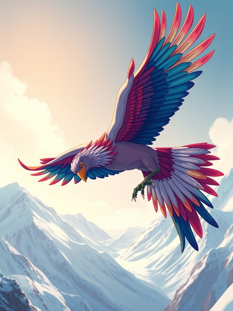 یک پرنده سیمرغ افسانه‌ای ایرانی با رنگ‌های زنده، در حال پرواز بر فراز کوه‌های برفی.12
