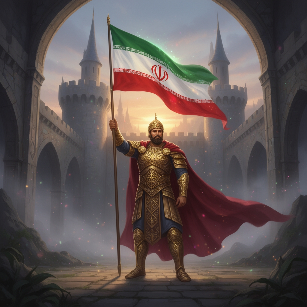 کوروش کبیر در یک قلعه ایستاده و در دستش پرچم ایران است3
