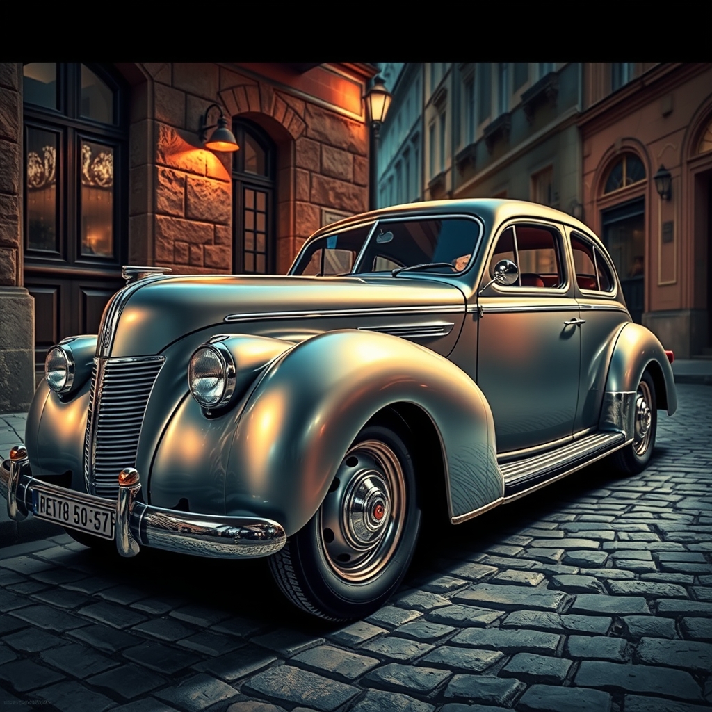 یک خودروی کلاسیک قدیمی با درخشش فلزی، پارک‌شده روی خیابانی سنگ‌فرش.9