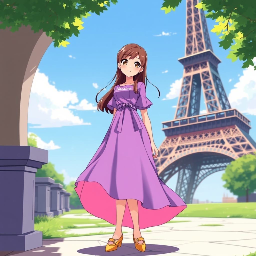 عکس یک دختر زیبا که دامن پوشیده که روی لباسش نوشته nazanin و دامن زیبایی به تن دارد که صورتی و لباس بنفش و کفش های طلایی در کنار برج ایفل ایستاده و خیلی زیبا است21