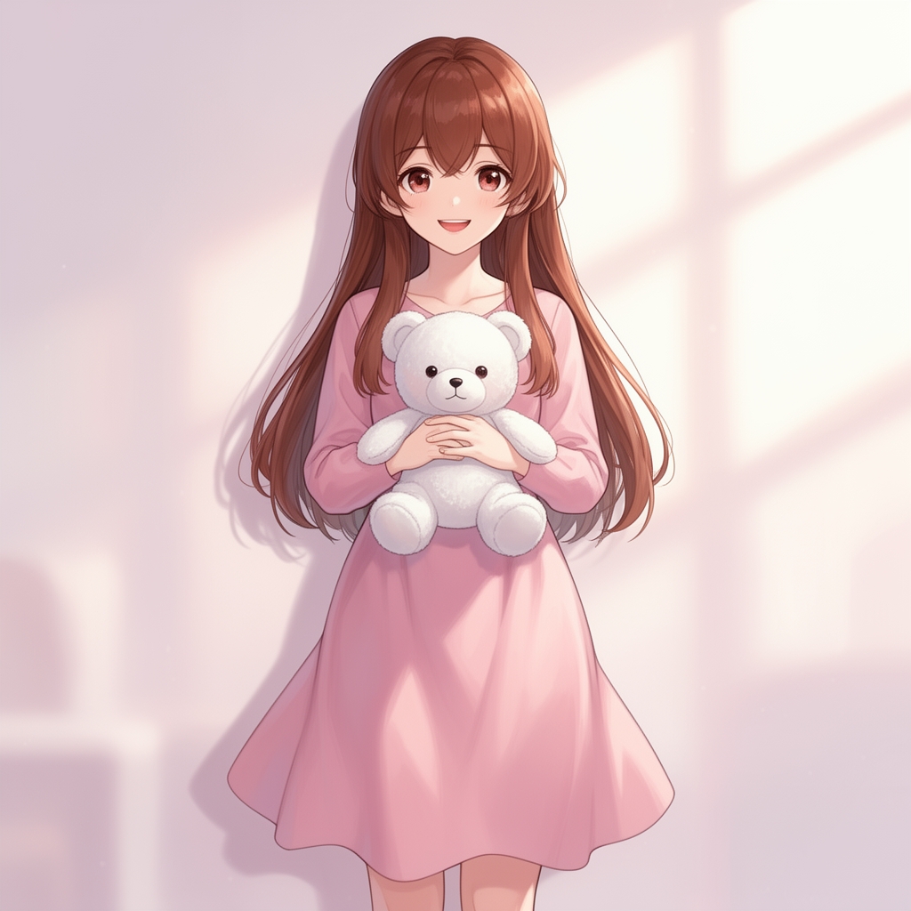 تصویر انیمه دختری با موها بلند قهوه ای و پیراهن صورتی و خرس عروسکی سفید در دستانش3
