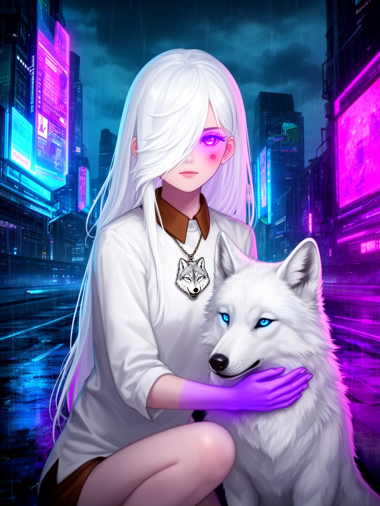 دختری ۱۵ ساله با مو های بلند به سفیدی برف،چشمان بنفش نافذ،گونه های گلگون،پوستی بیش از حد رنگ پریده،او لبخند کوچکی به لب دارد و چهره ای بسیار زیبا و مظلوم دارد، او پیراهن سفید رنگ یقه باردو ی خیلی زیبایی پوشیده و لاغر و خیلی زیبا است و دست راستش کاملا بنفش است
او آویزی به شکل گرگی که ذو به ماه زوزه میکشد به گردنش انداخته و موهای سفیدش جلوی چشم چپش را گرفته او کنار گرگ یفید زیبایی با چشمان آبی زانو زده و دستش را دور گرگ حلقه کرده است
5