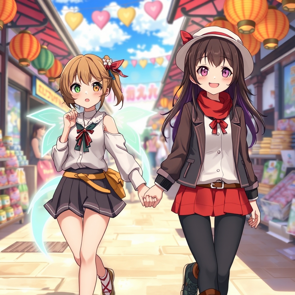 دو دختر زیبا با قدرت های ماورایی با لباس های زبیا که دست همدیگر را گرفته اند و در بازار قدم می زنند.4