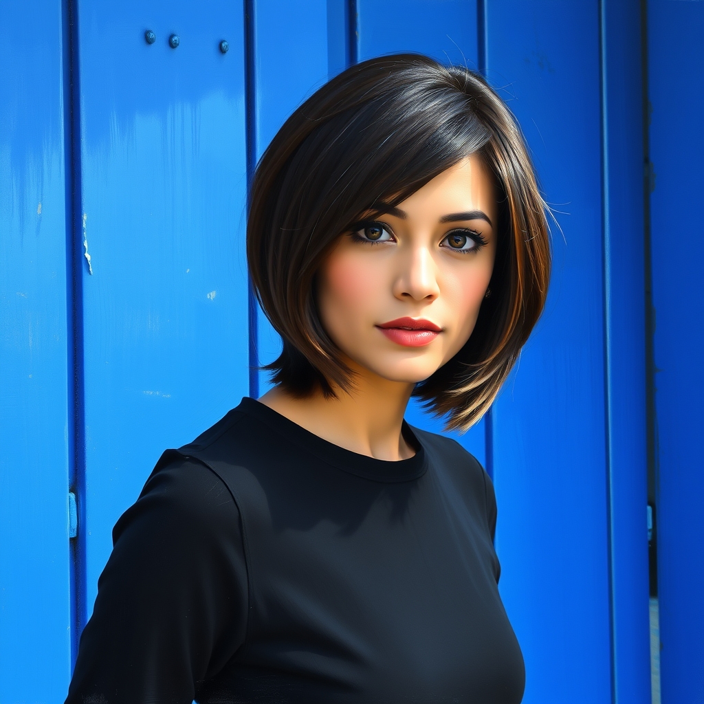 The image shows a person with shoulder-length hair, whit texture surface, wearing a black top, standing in front of a blue wall.19