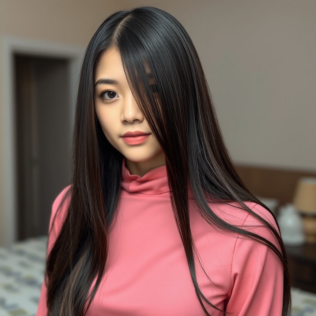 میخوام یه دختر باشه که موهاشو به دو قسمت تقسیم کرده و به صورت تیغ ماهی بافتشون . موهاش بلند باشن و تا وسطه کمرش باشن ، رنگ موهاشم قهوه ای تیره باشه ، دختره یکم لاغر باشه و ۱۷ سالش باشه و زاویه ی عکس جوری باشه که انگار داشته از موهاش عکس میگرفته و فقط لبش تو عکس معلوم باشه و فضای پشت سرش هم اتاق خوابه و لباس دختره یک آستین بلند صورتی باشه
مطمئن باشه که صورت دختره نیفته تو عکس فقط لبش مشخص باشه5