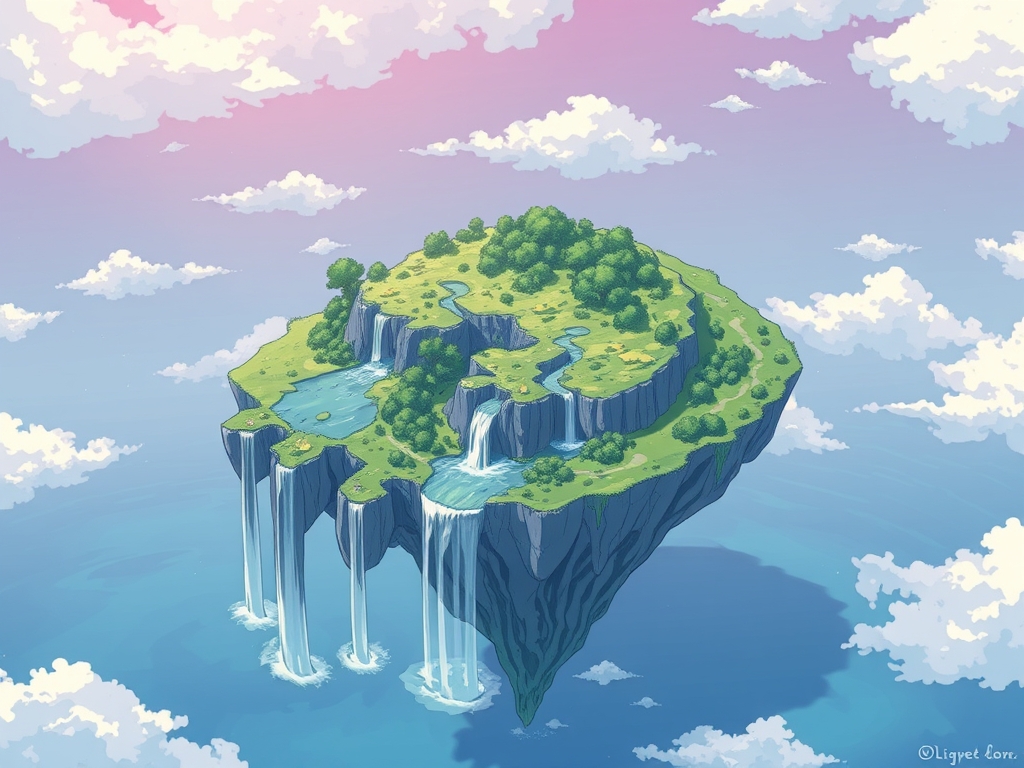 یک جزیره شناور سورئال به شکل دست، با آبشارهایی که از انگشتان جاری می‌شوند.22