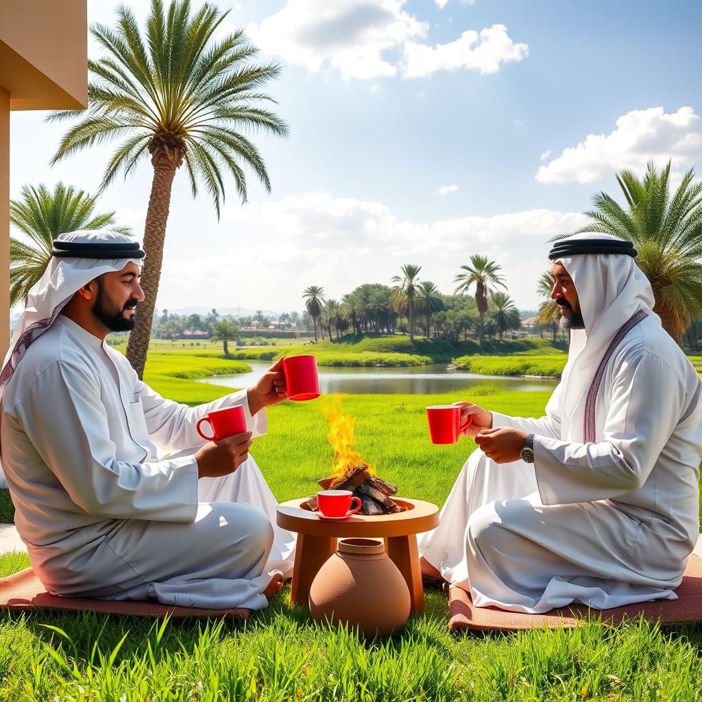 دو نفر عربستانی با دشداشه عربی و چفیه قرمز نشستن و اتش جلوشون روشن و درحال درست کردن قهوه ویکی درحال چای خوردن فنجان در،راست گرفته در چمن زار سرسبز ک درختان نخل و خرما کنار درختان رودخانه بزرگ پراز اب صاف و اسمون ابی روشن صاف پراز ابرهای سفید5