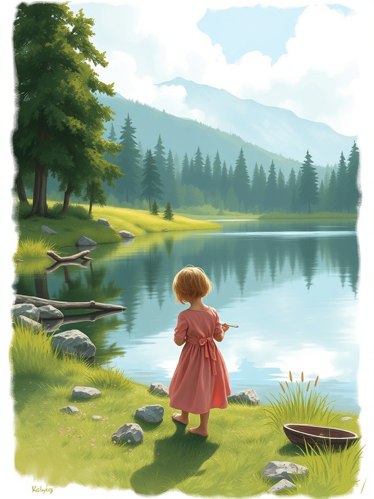 دخترک با پیراهن صورتی در طبیعت کنار دریاچه در حال اشپزی5