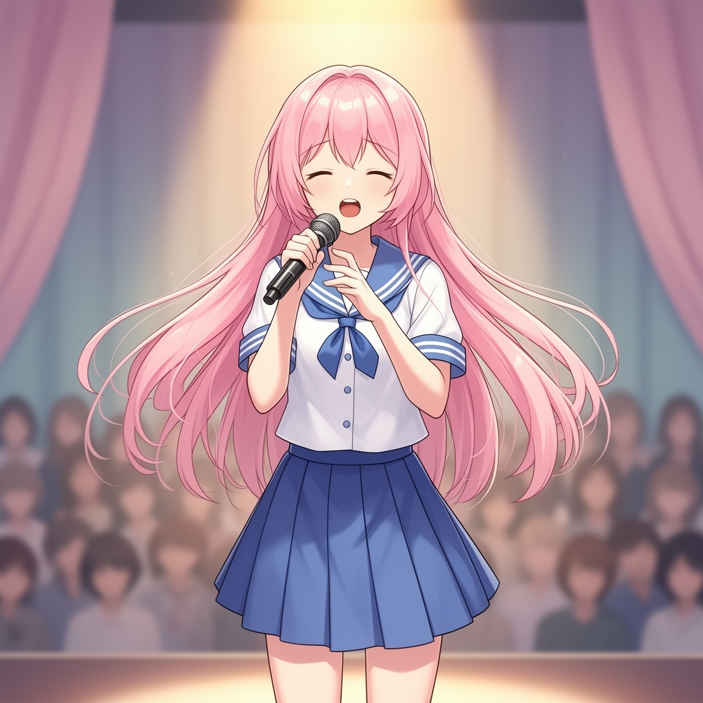نقاشی انیمه دختر مدرسه ای با لباس سفید و آبی و موهای صورتی بلند در حال آواز خواندن3