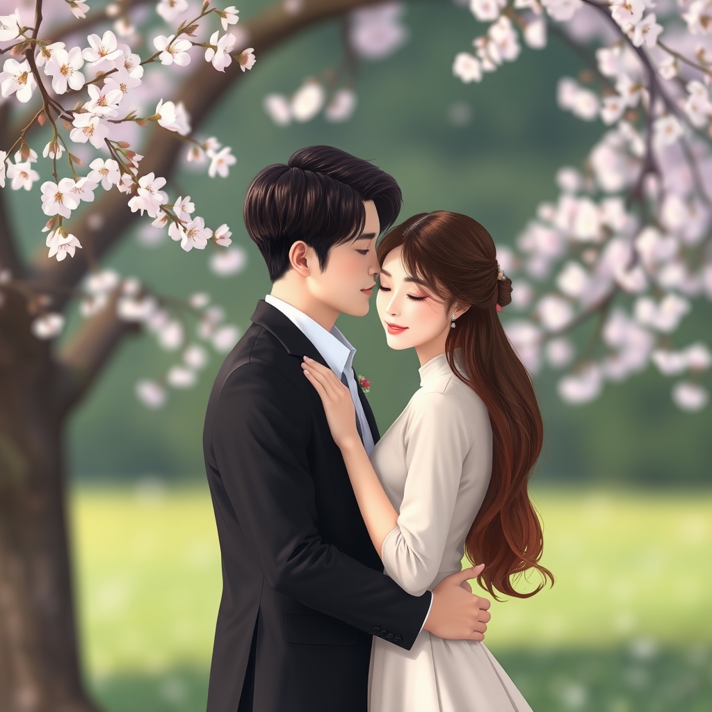 یک زن و شوهر بسیار زیبا و خوشگل کره ای عاشق مثل آیدل ها باشن شوهره با کت شلوار مشکی زنه یک لباس زیبا شیک و ساده مجلسی بامو های بلند خرمایی در طبیعت شکوفه پشت سرشان هم دیگرو بغل کردن 🫂2