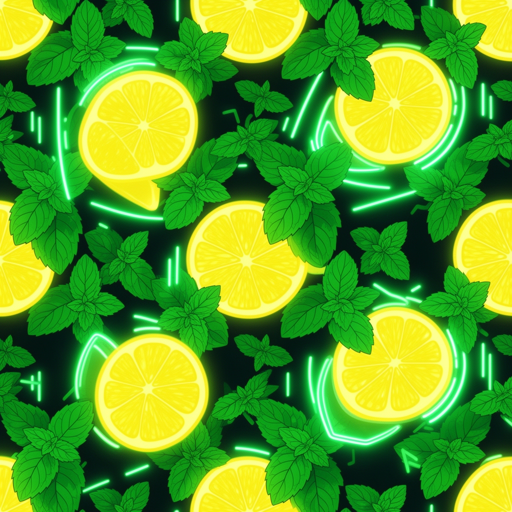 الگوی کاغذ دیواری بدون درز (Seamless pattern) شامل برشهای لیمو و برگهای نعنا، طراحی گرافیکی تخت (Flat design)، رنگهای سبز و زرد شاد.3