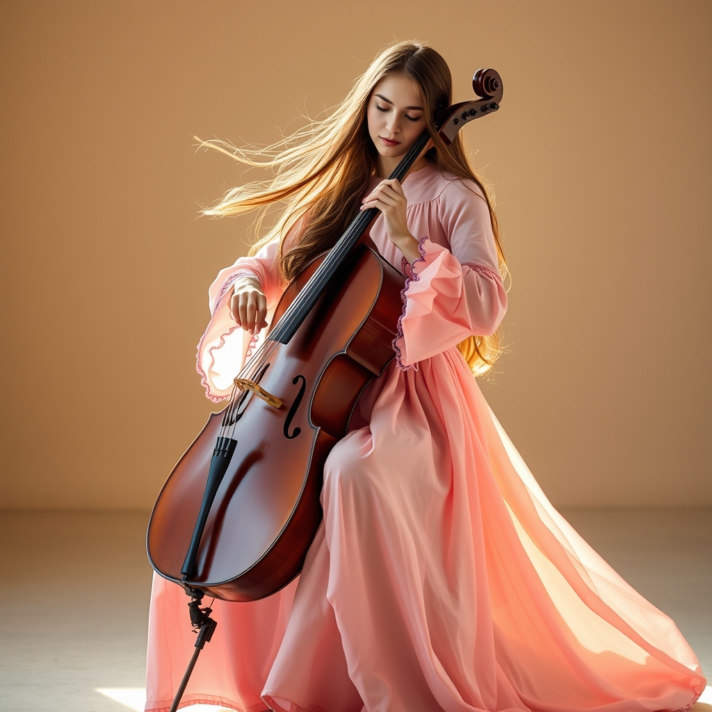 سک دختر در حال ویلون سل زدن با ژست زیبا و  موهای بلند و لباس مجلسی صورتی با رگه های ابی15