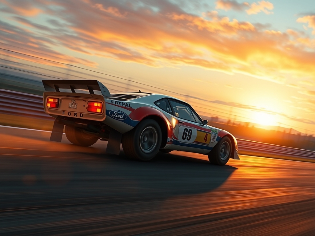 عکس ماشین فوردF40 در پیست رالی مسابقه ای نمای غروب راصحنه دارد و عکس از کنار گرفته شده است که هم غروب آفتاب پیدا هست .10