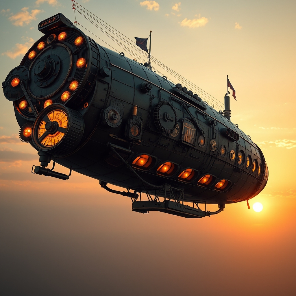 یک کشتی هوایی استیم‌پانک با چرخ‌دنده‌ها و لوله‌ها، در حال پرواز در غروب طلایی.1