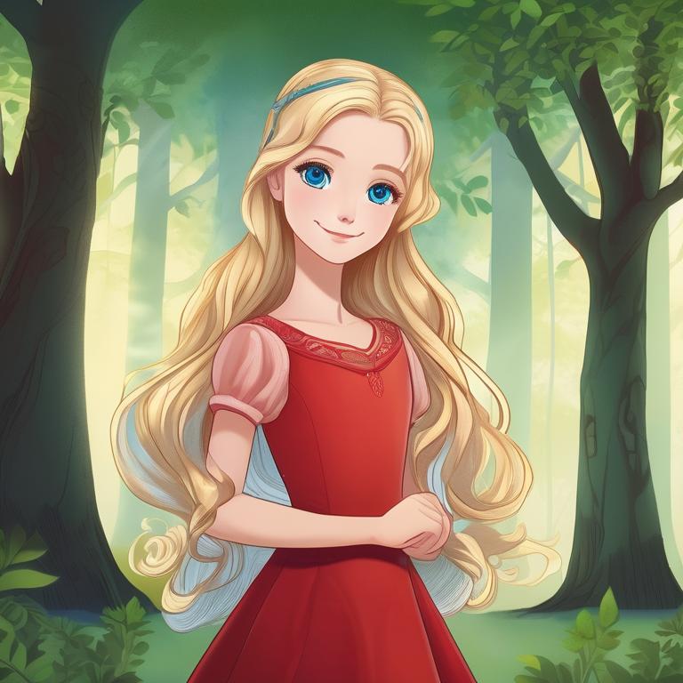 یک عکس پرتره از یک دختر جوان با چشمان آبی و موهای بلوند بلند، لباس قرمز پوشیده و لبخند ملایمی بر لب دارد. پس زمینه یک جنگل با درختان سر به فلک کشیده است12