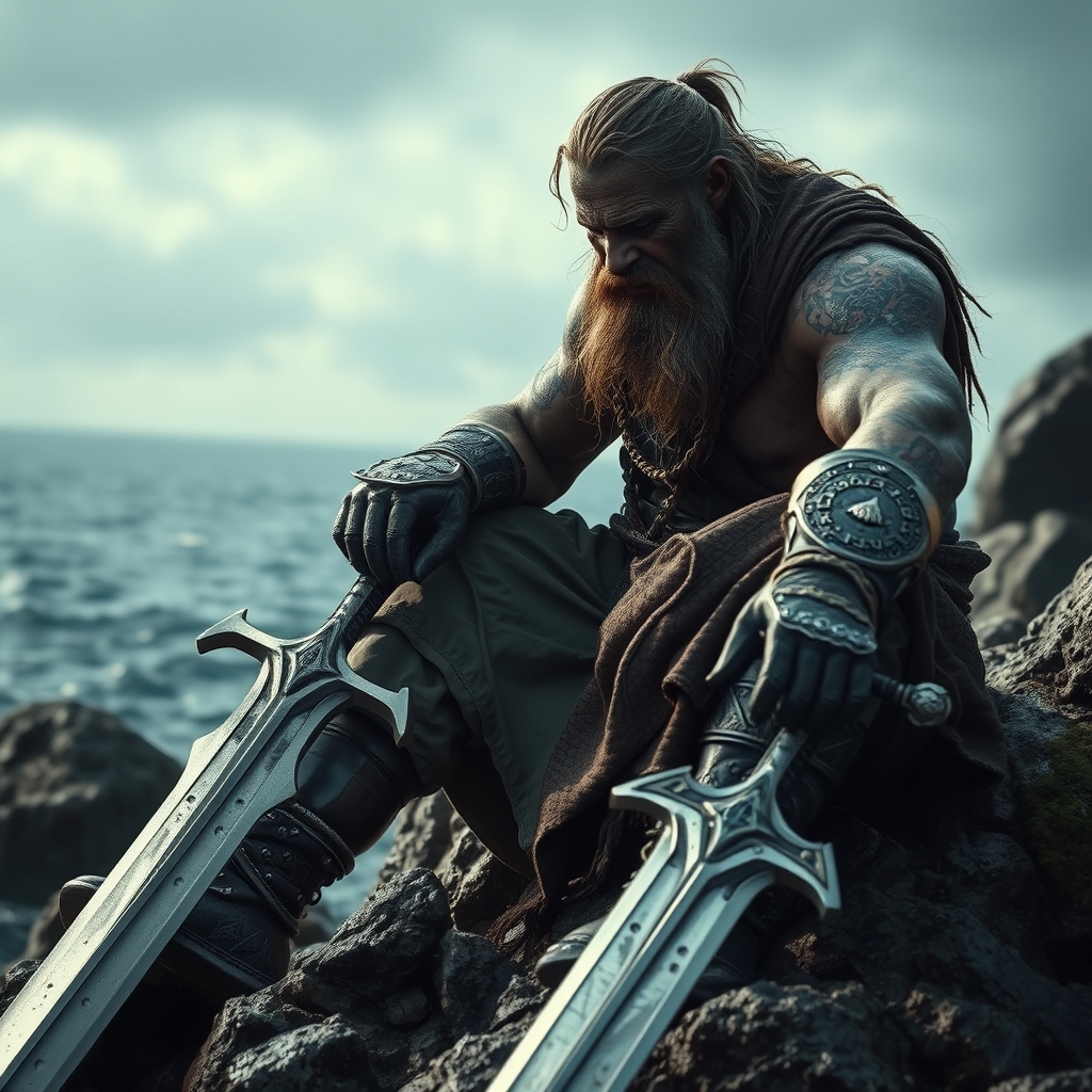 یک مرد بلند قد کنار دریا با بدن فلزی و صورت زخمی ولی در حال گریه کردن و یک شمشیر خیلی بزگ که فرو رفته روی زمین و رو یک سنگ نشسته1