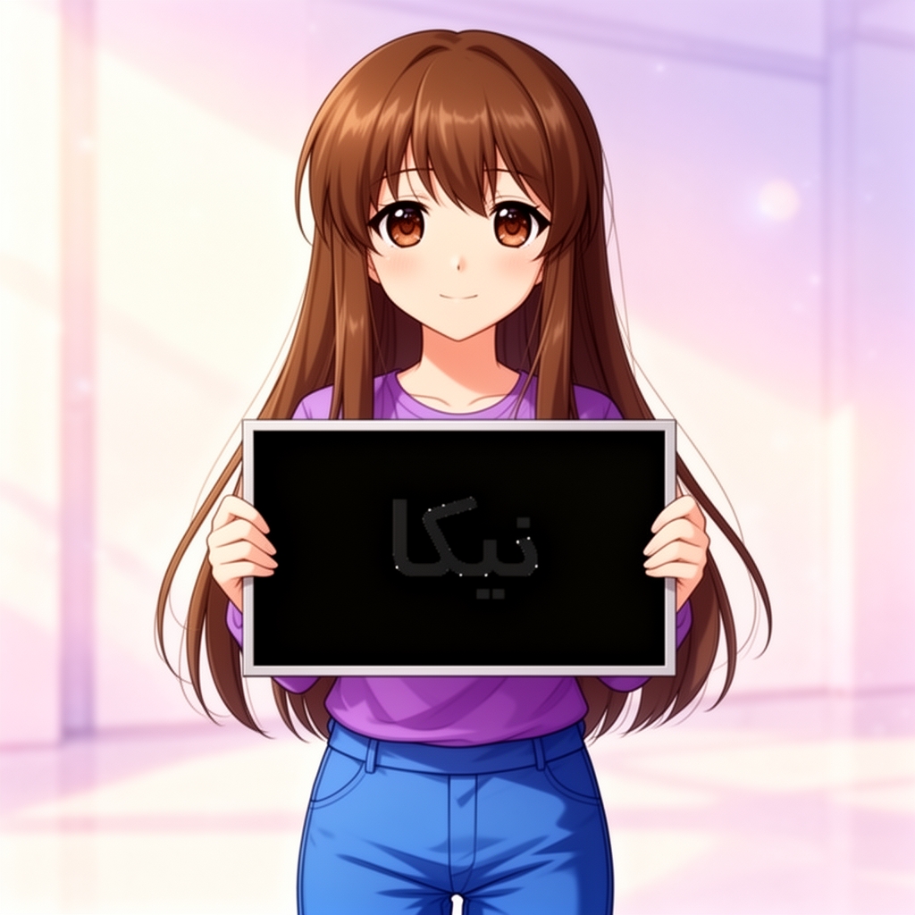 یک دختر با موی بلند قهوه ای پرنگ لباس بنفش و شلوار ابی و یک تابلو در دست دارد که روی آن نیکا نوشته شده است1