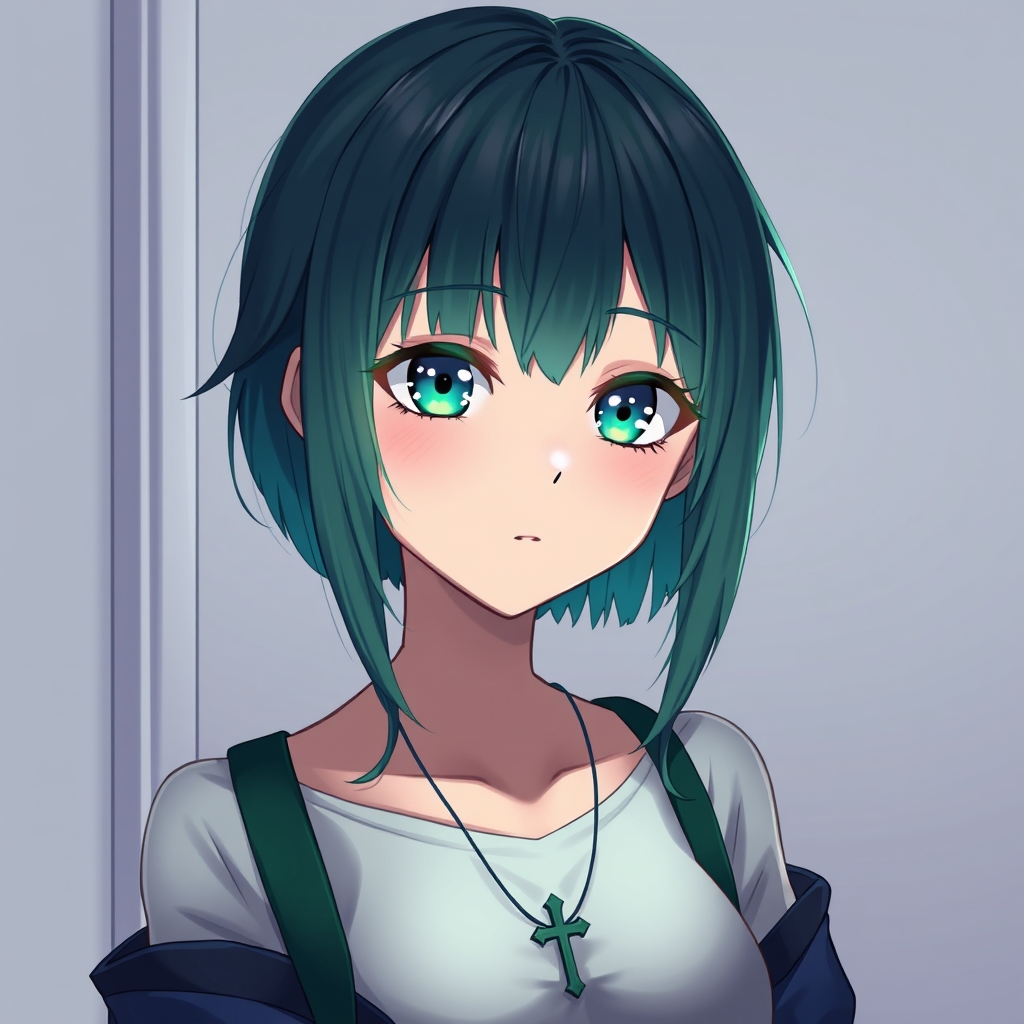 دختری خفن  با مو های سبز و پوستی سفید و چشمانی آبی که‌در تاریکی به رنگ  سبز یشمی در می آید با گردنبندی که صلیب دارد و در اتاقی سفید است2