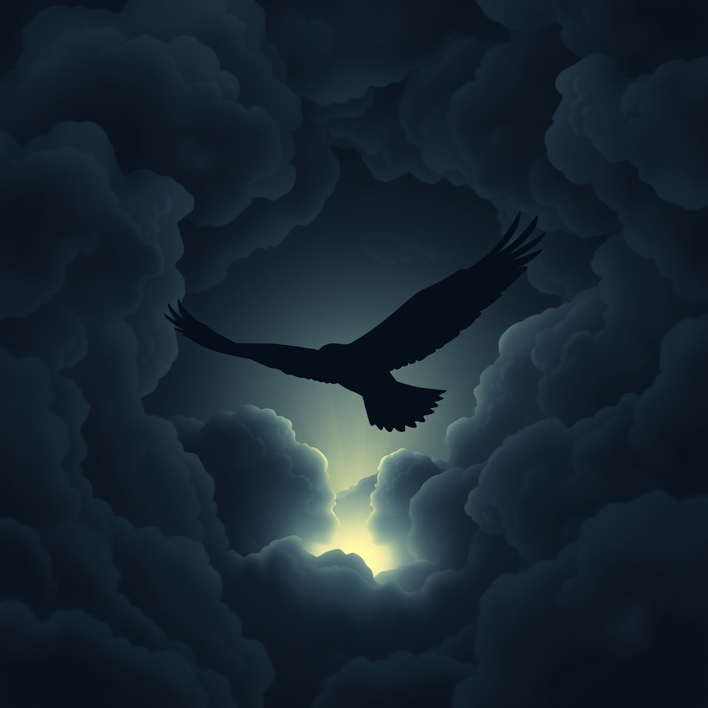 The image depicts a bird in flight against a dark, cloudy background. The bird is illuminated, making it stand out prominently in the scene.21