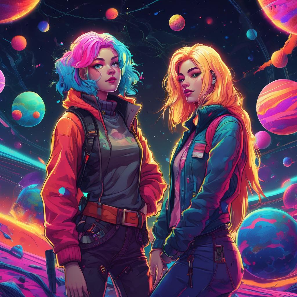 سیارات رنگارنگ و سحابی های زیبا دختری با موهای طلایی چشمان ابی و دختر دیگر با موهای مشکی که در سفینه فضایی درحال حرکت است 14
