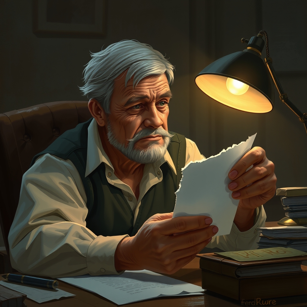 . مرد میان‌سال پشت میز نشسته. چراغ رومیزی روشن.
او پاکتی پاره را نگاه می‌کند. مکث طولانی. آهی کوتاه.
کاغذی از داخل پاکت بیرون می‌آورد1