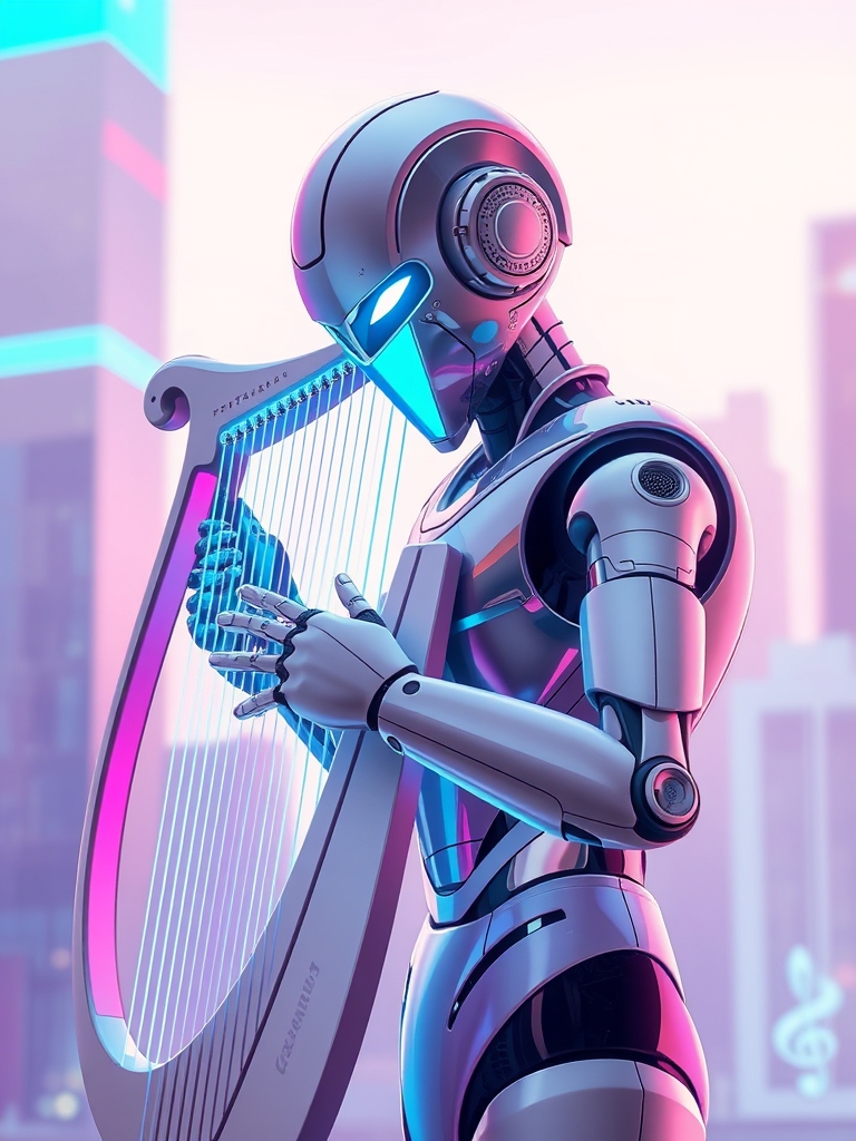 یک ساز موسیقی آینده‌نگر با رشته‌های هولوگرافیک درخشان، در حال نواختن توسط یک ربات.15