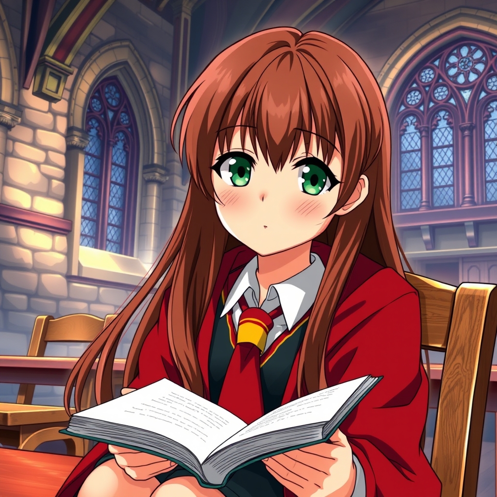 یک دختر درس خوان ۱۵ ساله با چشم های سبز تیره و موهای خرمایی که در مدرسه هاگوارتز در گروه گریفیندور است و موهایش او بلند است و کتاب در دست اوست و روی صندلی نشسته باشد و لب هایش مشخص باشد 13