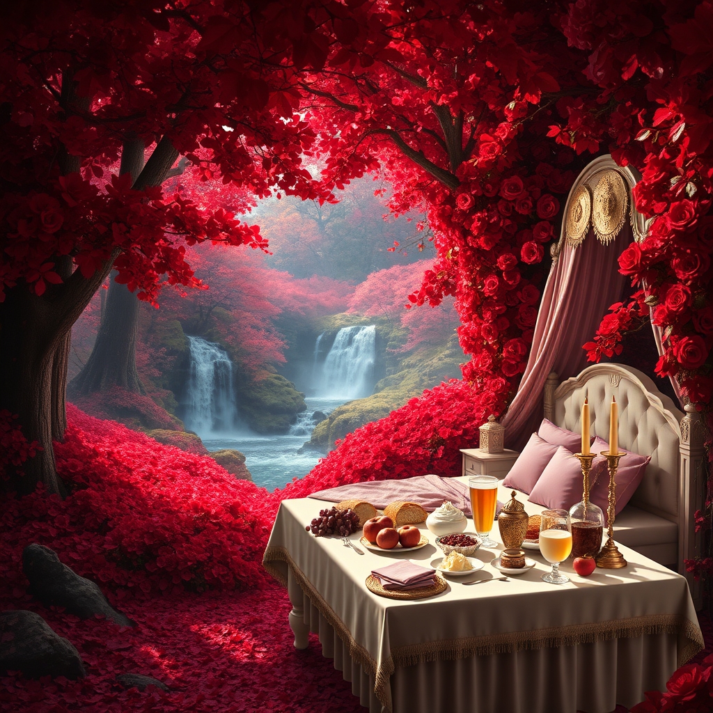 جنگل انبوه پاییزی در سایه درختان سرخ افرا
پوشیده از هزاران رز سرخ افسانه ای  زمین پر از گل سرخ همه جا سرتا پای جنگل با رز سرخ  و برگ سرخ پوشیده شده 
یک آبشار بزرگ جاری ست 
رودی هم در جریان ست 
زیر تونل مسقف از گل رز سرخ  
یک تخت سفید طلایی دخترانه قرون وسطایی با کوسن صورتی و شمعدان های طلا  
یک میز سفید و طلایی مجلل صبحانه 
پر نان خامه عسل کره مربا شیر شیر برنج باقلوا میوه سیب انار انگور6