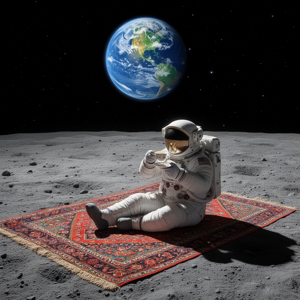 فضانوردی که روی قالیچه ایرانی وسط سطح کره ماه نشسته و چای مینوشد، کره زمین در پسزمینه دیده میشود، ترکیب طنز و سورئال.1