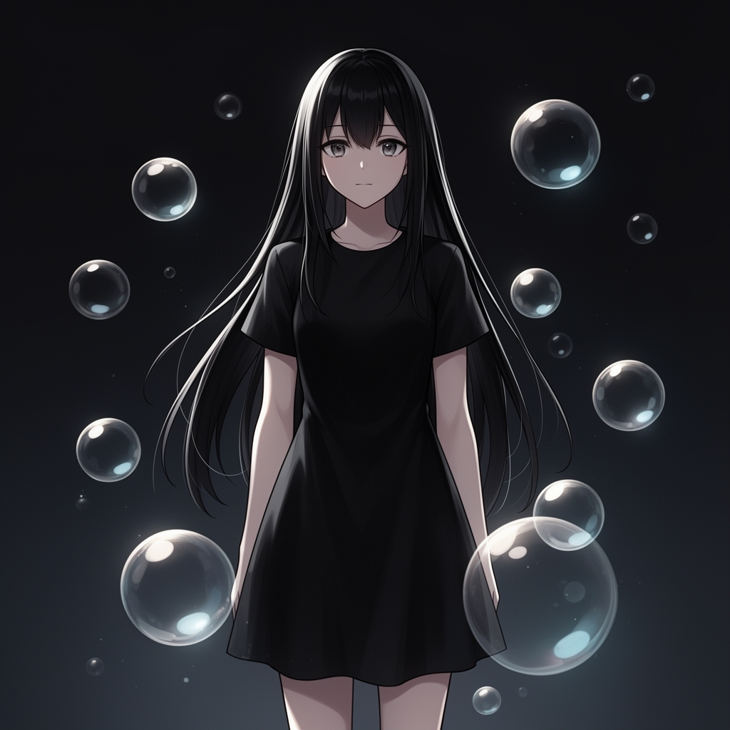 نقاشی انیمه دختری با موهای بلند مشکی و پیراهن سیاه در پس زمینه تیره و حبابها اطرافش
4