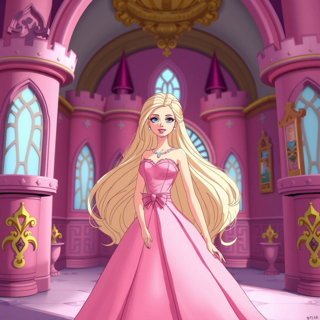 باربی مو زرد و بلند و لباس صورتی توی قصر صورتی اش13