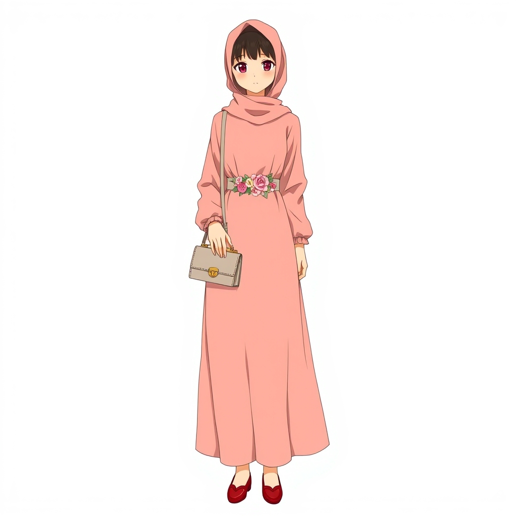 عکس دختری با پیرهنی که بالا تنش تنگه تا پایین پاش میاد روی کمرش نوار گل داره با کیف زیبا رنگ لباس صورتی چرک کفش قرمز روسری5