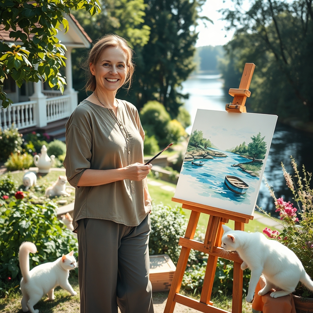 میخوام یه گربه داشته باشم که سفید باشه و یک دختر با گربه در یک باغ زیبا زیبا زندگی کنند و خانه ویلایی داشته باشد و کنار آن یک رودخانه باشد دخترسن ۲۹ سال داشته باشه و با کیفیت باشه و همه جزئیات داخلش به کار بره یک تاپ چوبی هم داشته باشد و یک تخته نقاشی با پالت گواش داشته باشد و نصف رودخانه را کشیده باشد3